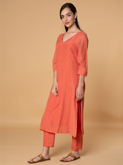 CORAL APPLIQUE EMBROIDERED COTTON SILK KURTA
