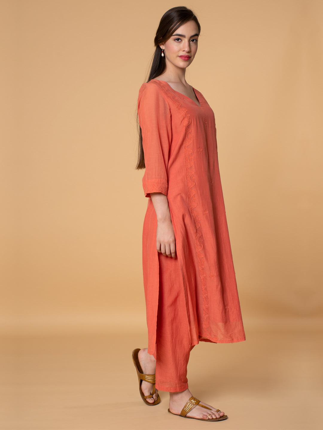 CORAL APPLIQUE EMBROIDERED COTTON SILK KURTA