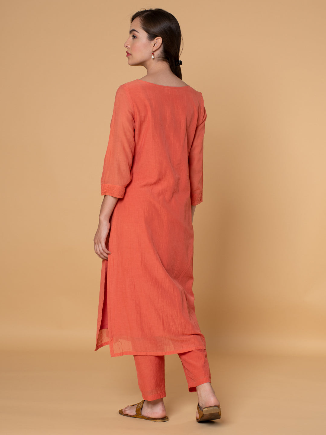 CORAL APPLIQUE EMBROIDERED COTTON SILK KURTA