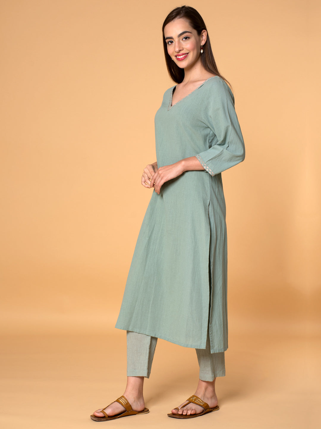 MINT GREEN EMBROIDERED COTTON KURTA WITH PANTS