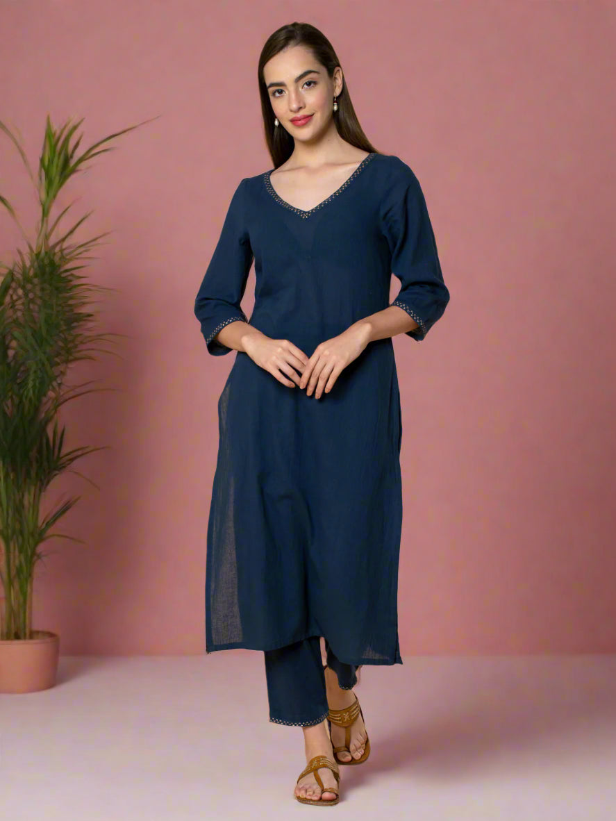 NAVY BLUE EMBROIDERED COTTON KURTA WITH PANTS