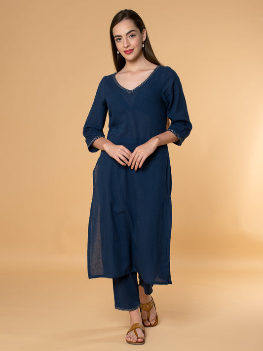 NAVY BLUE EMBROIDERED COTTON KURTA