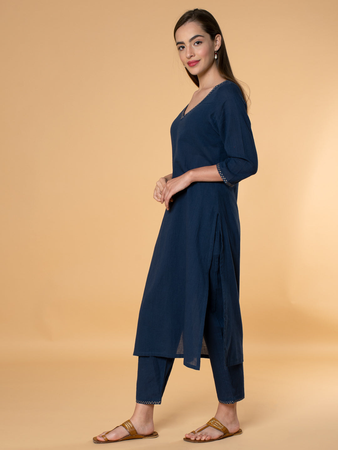 NAVY BLUE EMBROIDERED COTTON KURTA