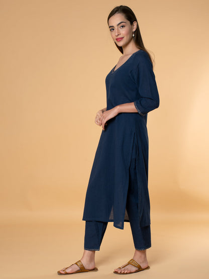 NAVY BLUE EMBROIDERED COTTON KURTA