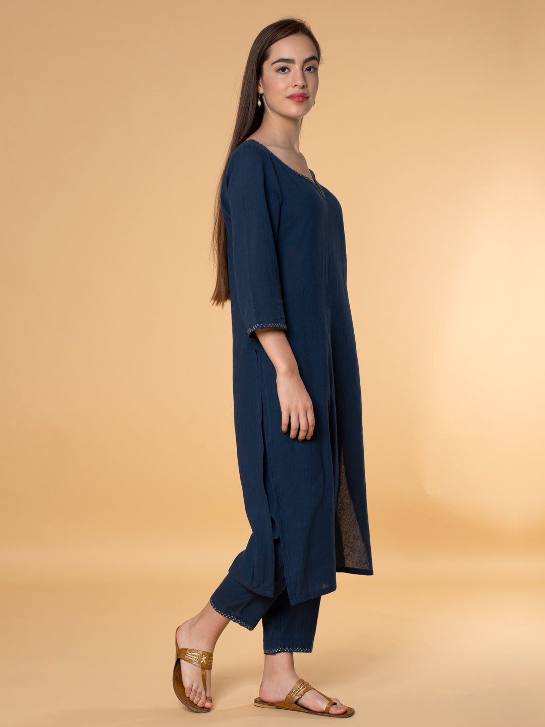 NAVY BLUE EMBROIDERED COTTON KURTA WITH PANTS