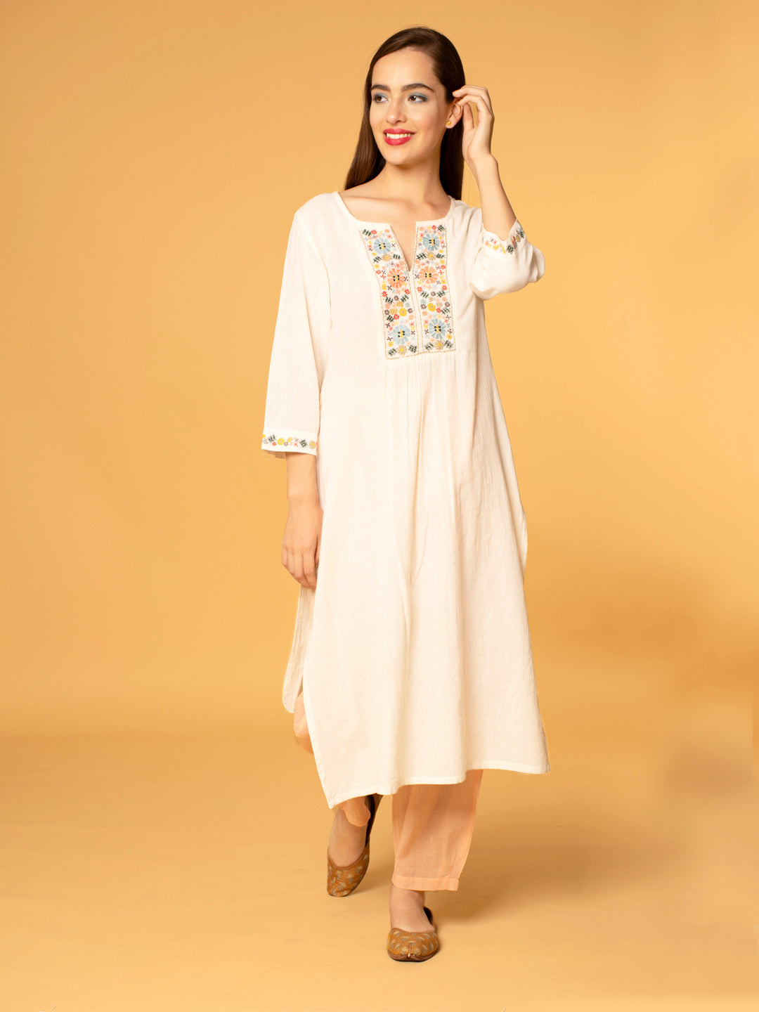 IVORY COTTON SLUB PLEATED KURTA WITH PANTS