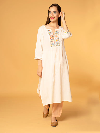 IVORY COTTON SLUB PLEATED KURTA WITH PANTS