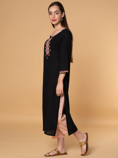 BLACK EMBROIDERED COTTON KURTA
