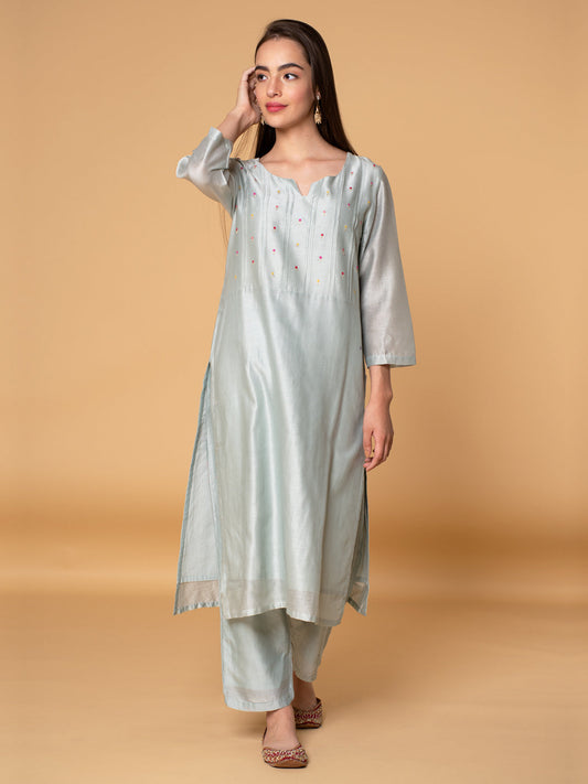 PASTEL GREEN EMBROIDERED CHANDERI KURTA