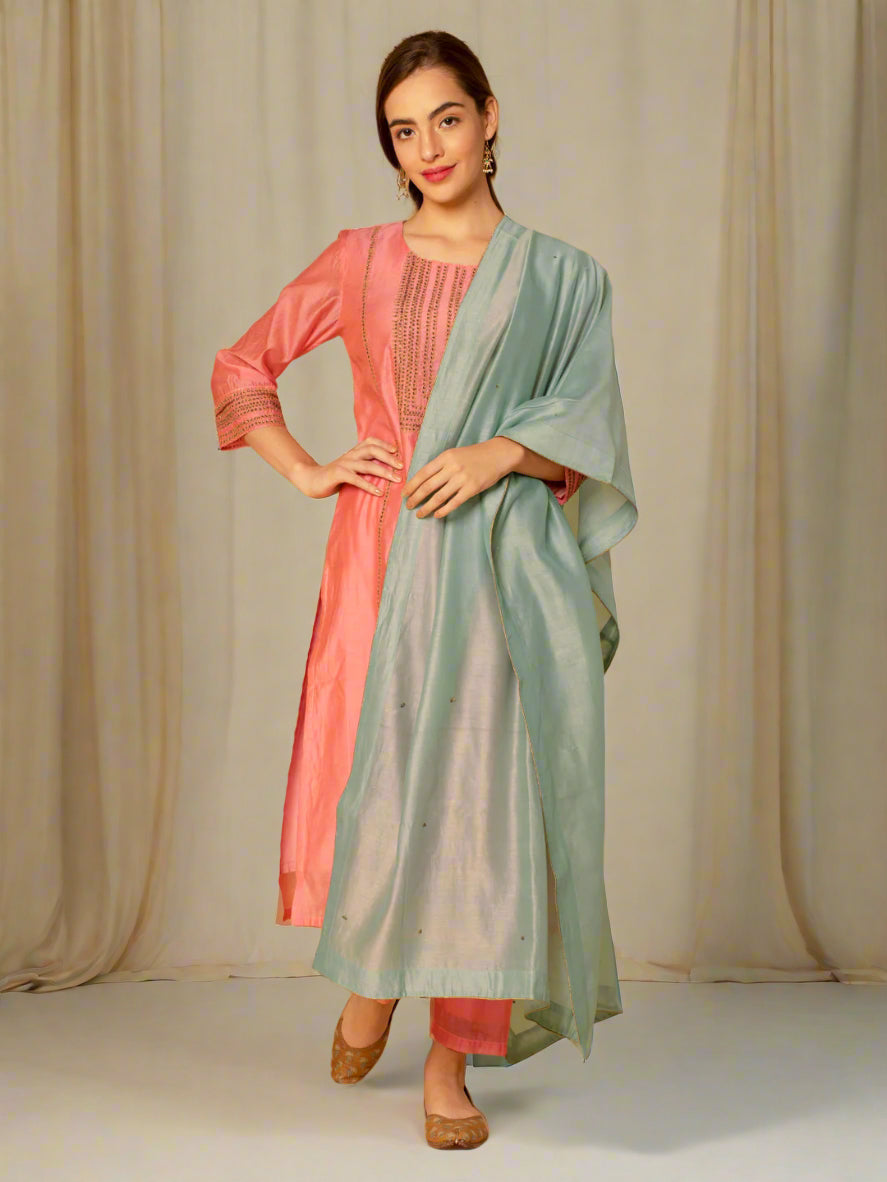 PASTEL PINK EMBROIDERED CHANDERI KURTA WITH PANTS