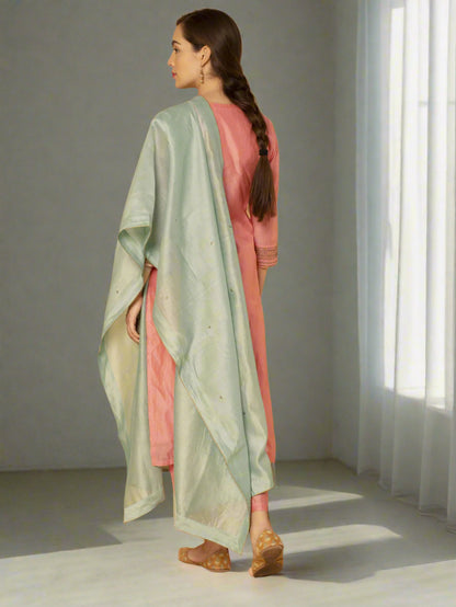 PASTEL PINK EMBROIDERED CHANDERI KURTA WITH PANTS
