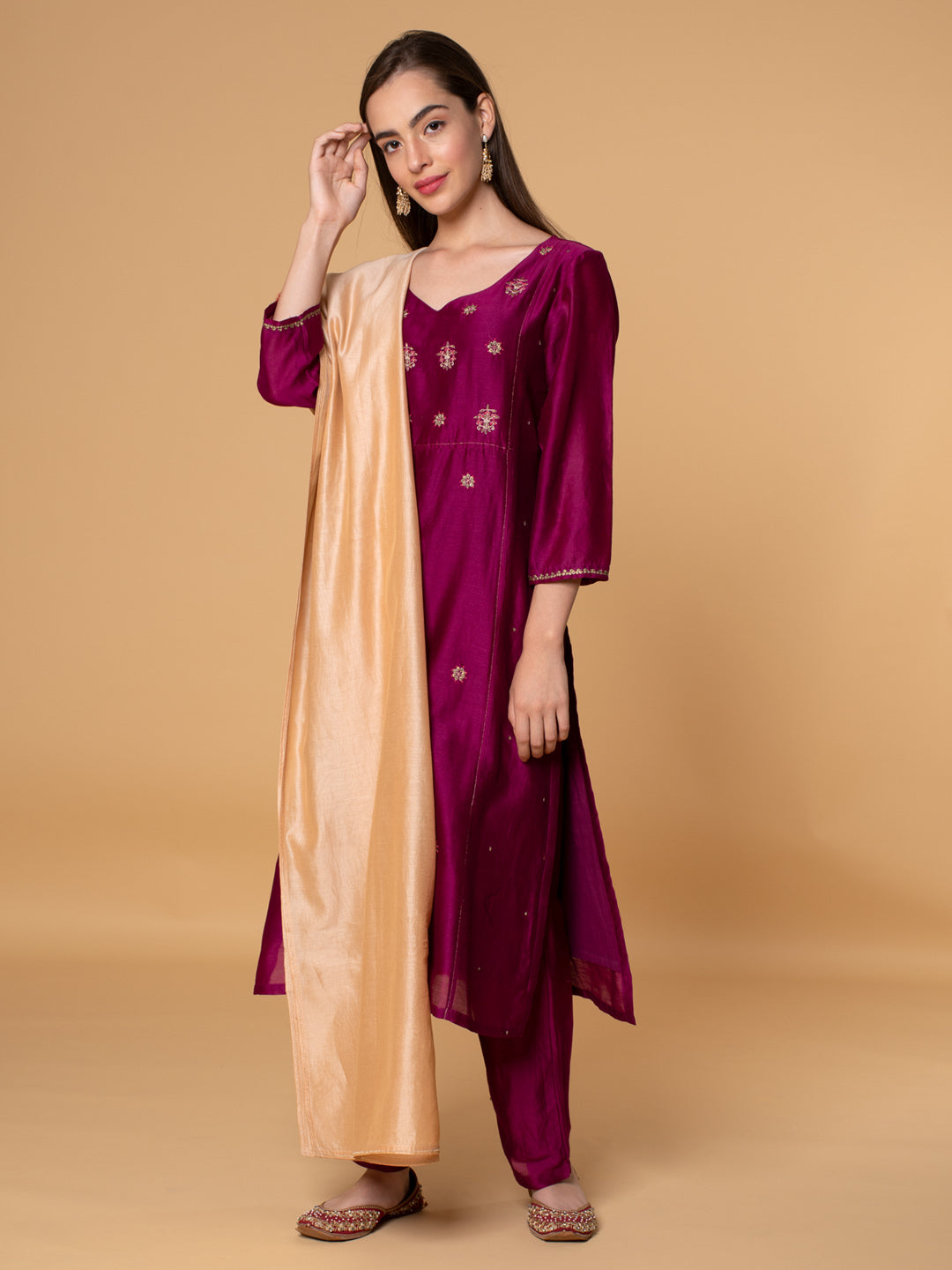 BURGUNDY HAND EMBROIDERED CHANDERI KURTA WITH PANTS