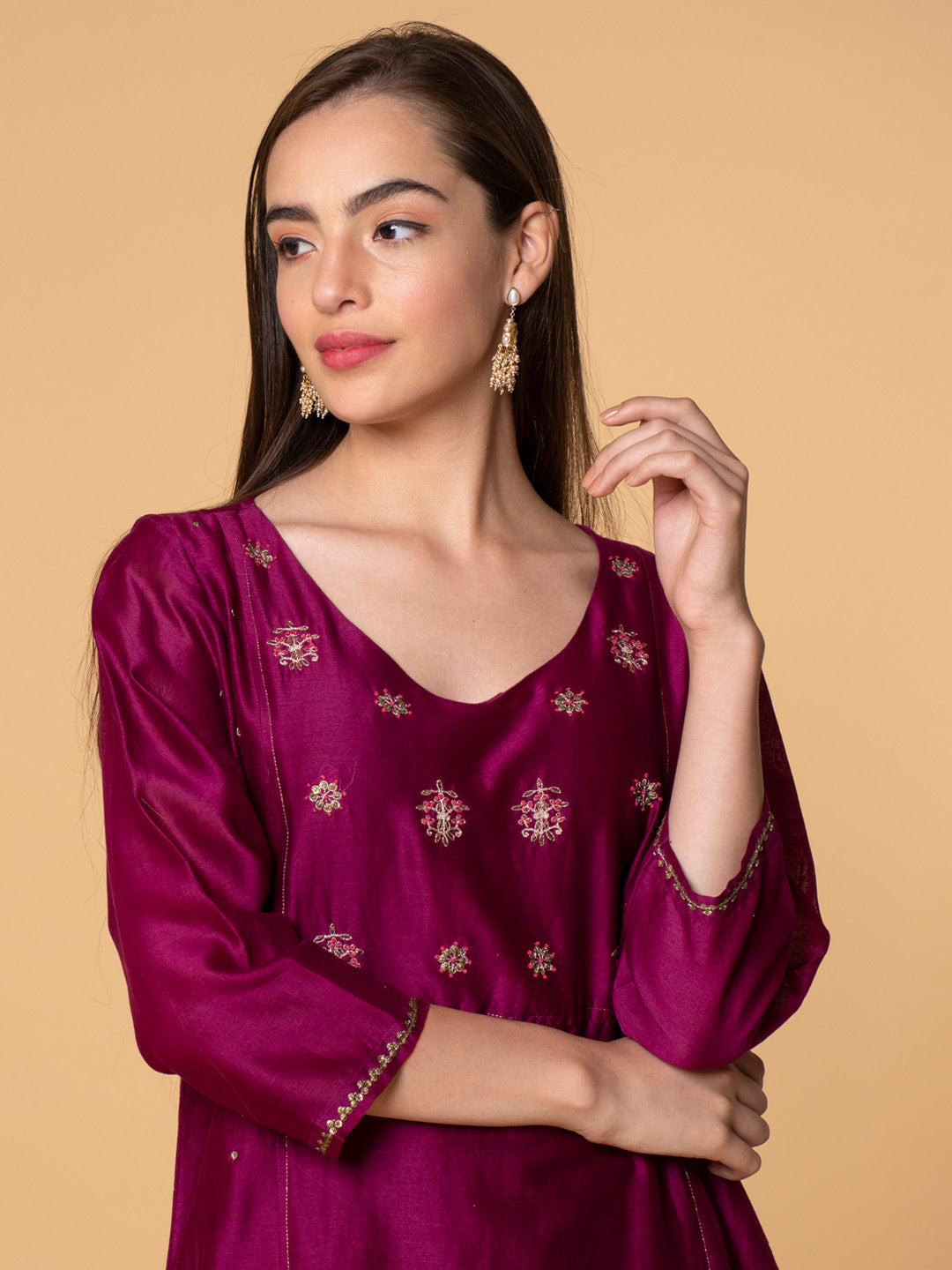 BURGUNDY HAND EMBROIDERED CHANDERI KURTA WITH PANTS