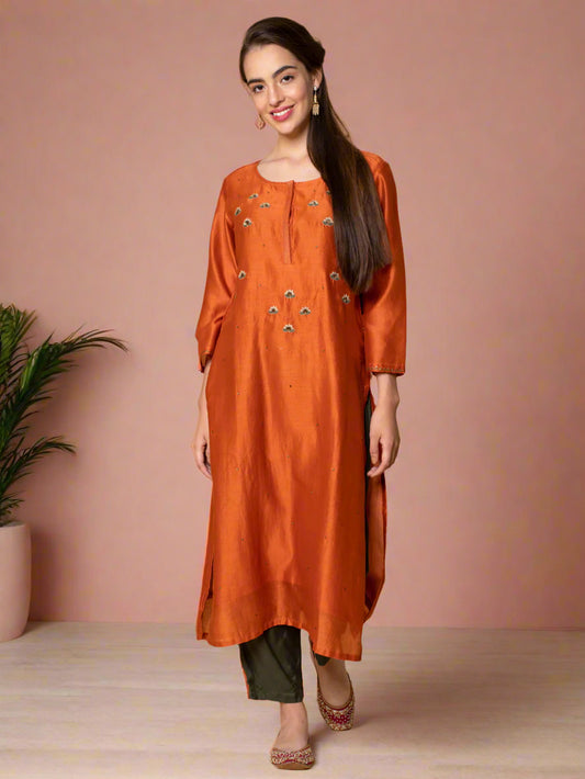 ORANGE SEQUIN EMBROIDERED CHANDERI KURTA WITH OLIVE GREEN PANTS