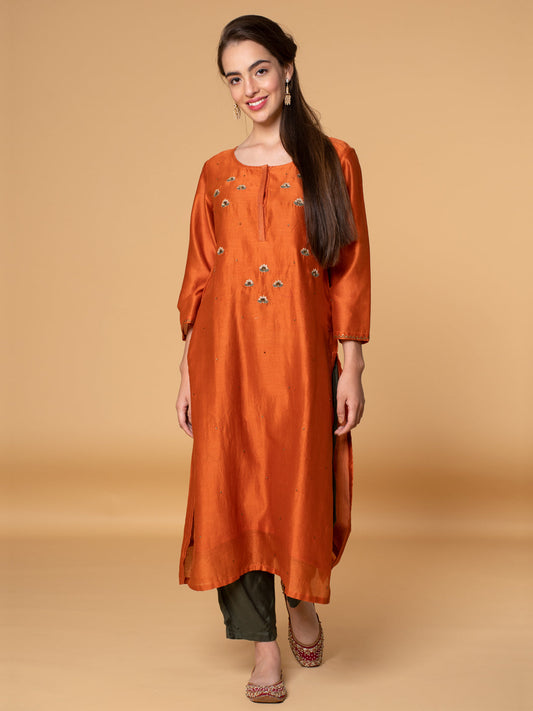 ORANGE SEQUINS EMBROIDERED CHANDERI KURTA