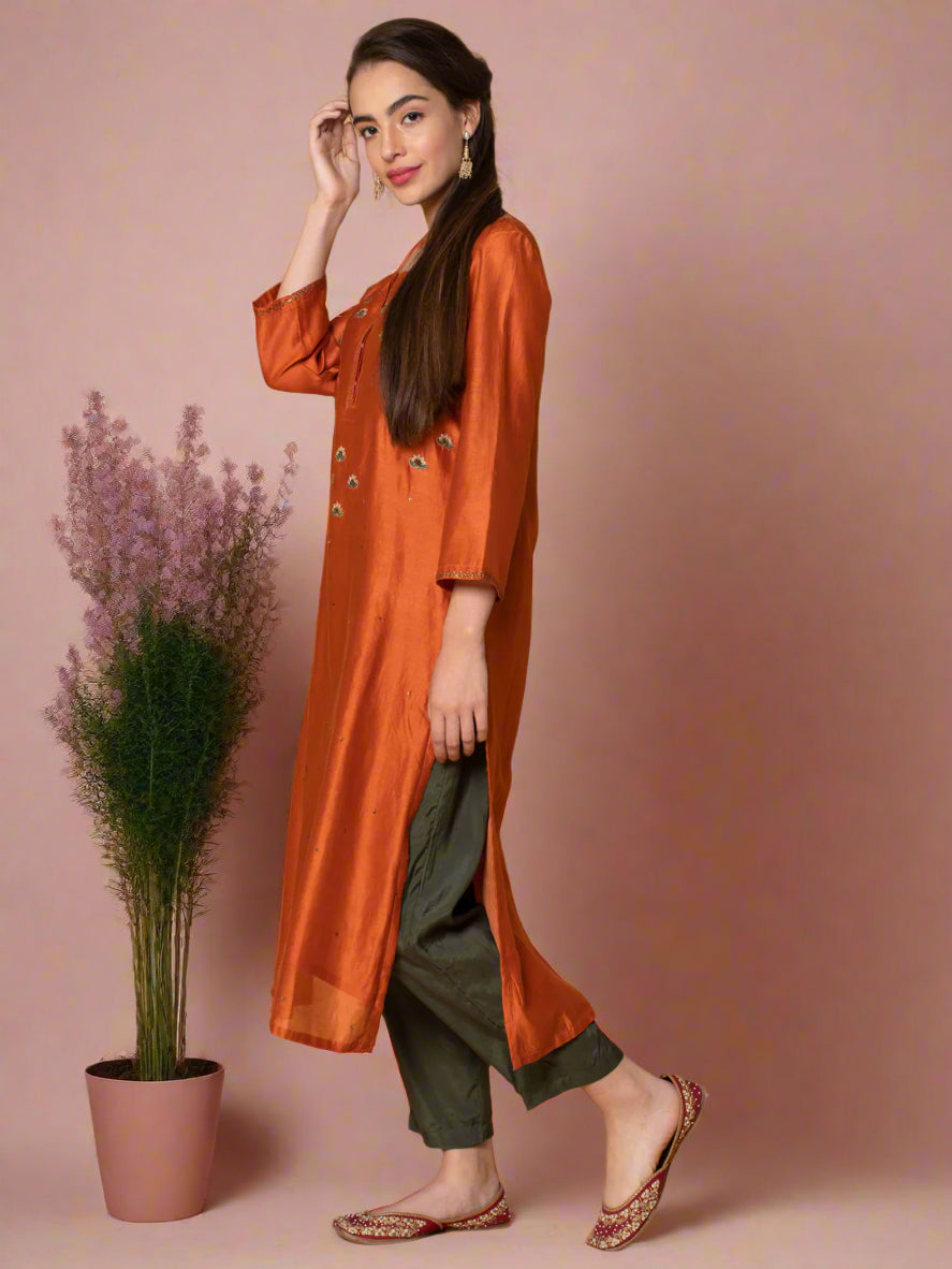 ORANGE SEQUIN EMBROIDERED CHANDERI KURTA WITH OLIVE GREEN PANTS