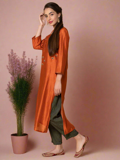 ORANGE SEQUIN EMBROIDERED CHANDERI KURTA WITH OLIVE GREEN PANTS