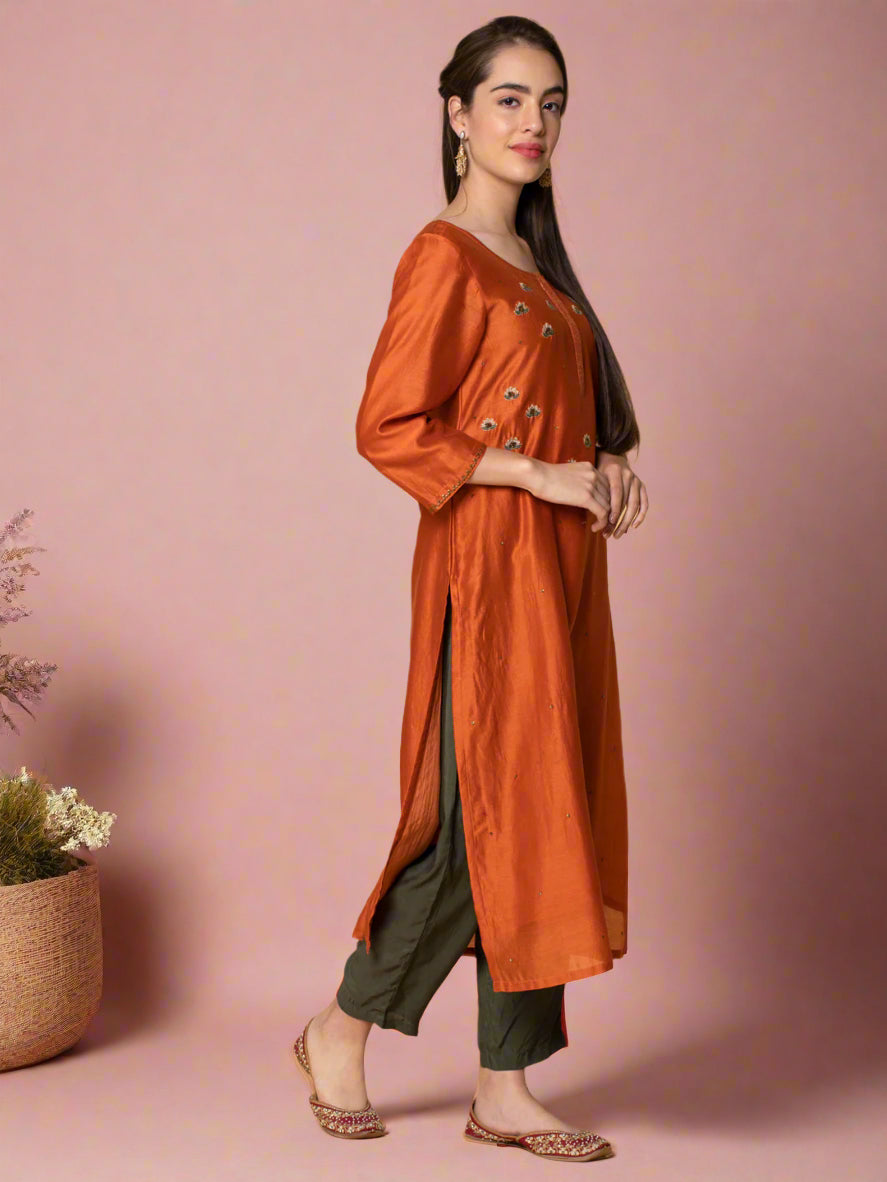 ORANGE SEQUIN EMBROIDERED CHANDERI KURTA WITH OLIVE GREEN PANTS
