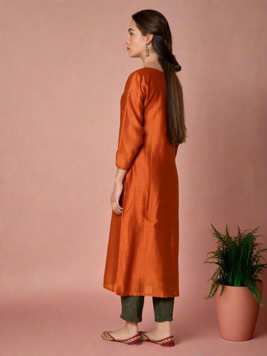 ORANGE SEQUIN EMBROIDERED CHANDERI KURTA WITH OLIVE GREEN PANTS