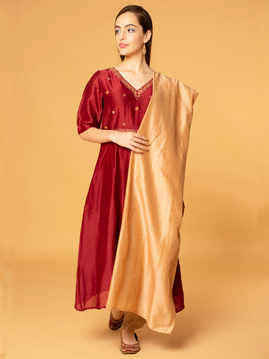 MAROON EMBROIDERED CHANDERI KURTA WITH BEIGE VISCOSE PANTS