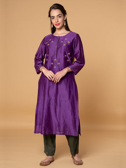 PURPLE SEQUINS EMBROIDERED CHANDERI KURTA WITH OLIVE GREEN VISCOSE PANTS