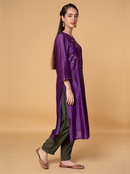 PURPLE SEQUINS EMBROIDERED CHANDERI KURTA WITH OLIVE GREEN VISCOSE PANTS
