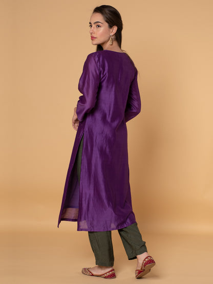 PURPLE SEQUINS EMBROIDERED CHANDERI KURTA WITH OLIVE GREEN VISCOSE PANTS