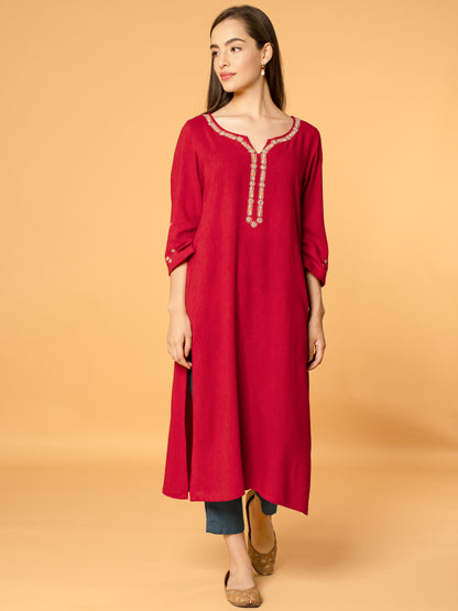 RED MIRROR EMBROIDERED LINEN VISCOSE KURTA WITH PANTS