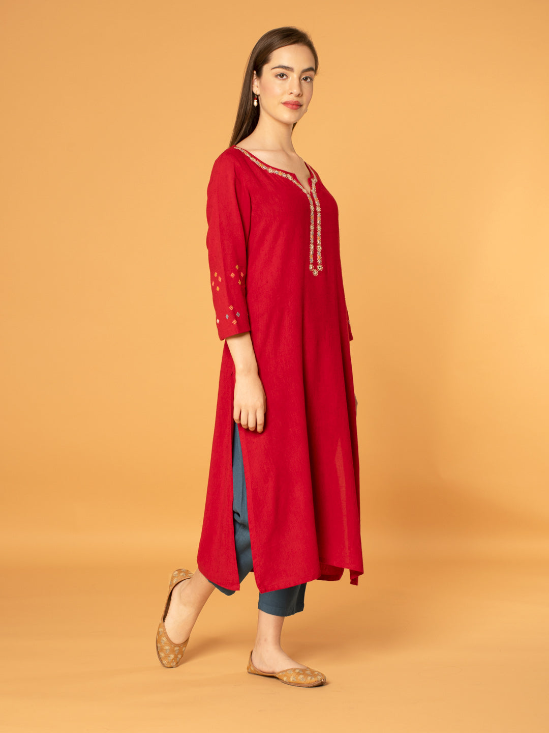 RED MIRROR EMBROIDERED LINEN VISCOSE KURTA