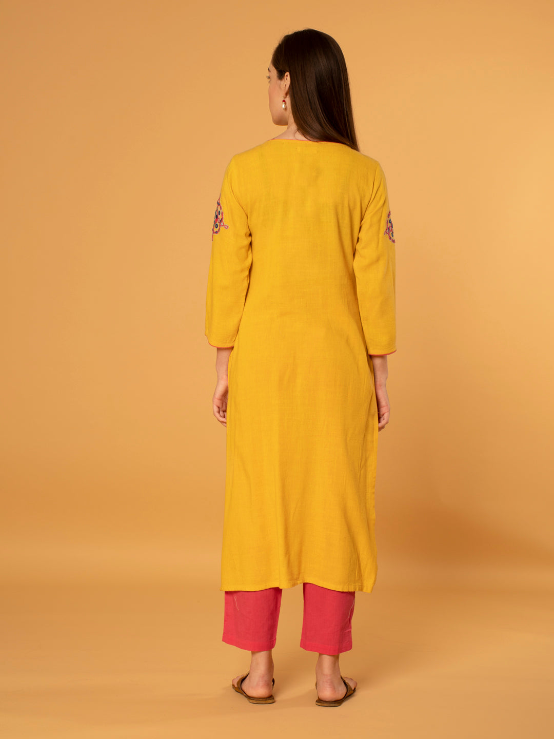 YELLOW EMBROIDERED COTTON LINEN KURTA WITH PALAZZO