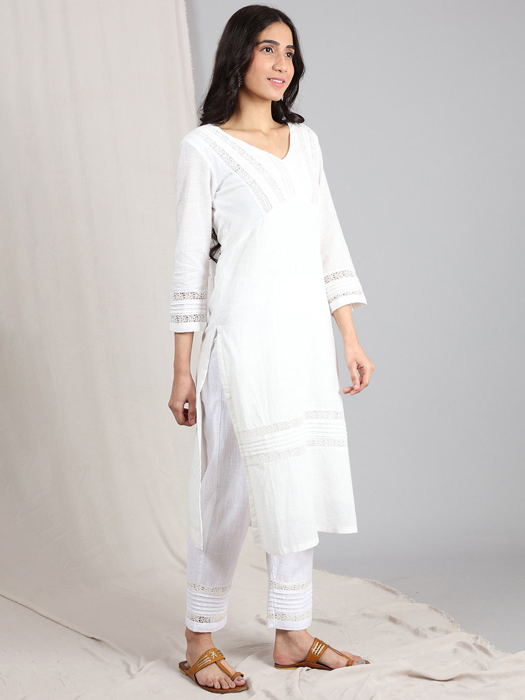 IVORY COTTON SLUB PLEATED KURTA WITH PANTS