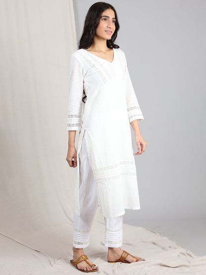 IVORY COTTON SLUB PLEATED KURTA WITH PANTS