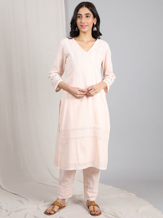 PINK COTTON DOBBY PLEATED KURTA WITH PANTS