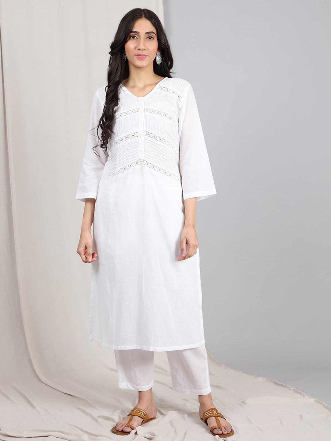 WHITE COTTON DOBBY PINTUCK KURTA WITH PANTS