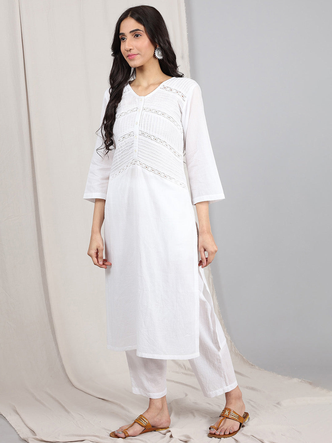 WHITE COTTON DOBBY PINTUCK KURTA WITH PANTS