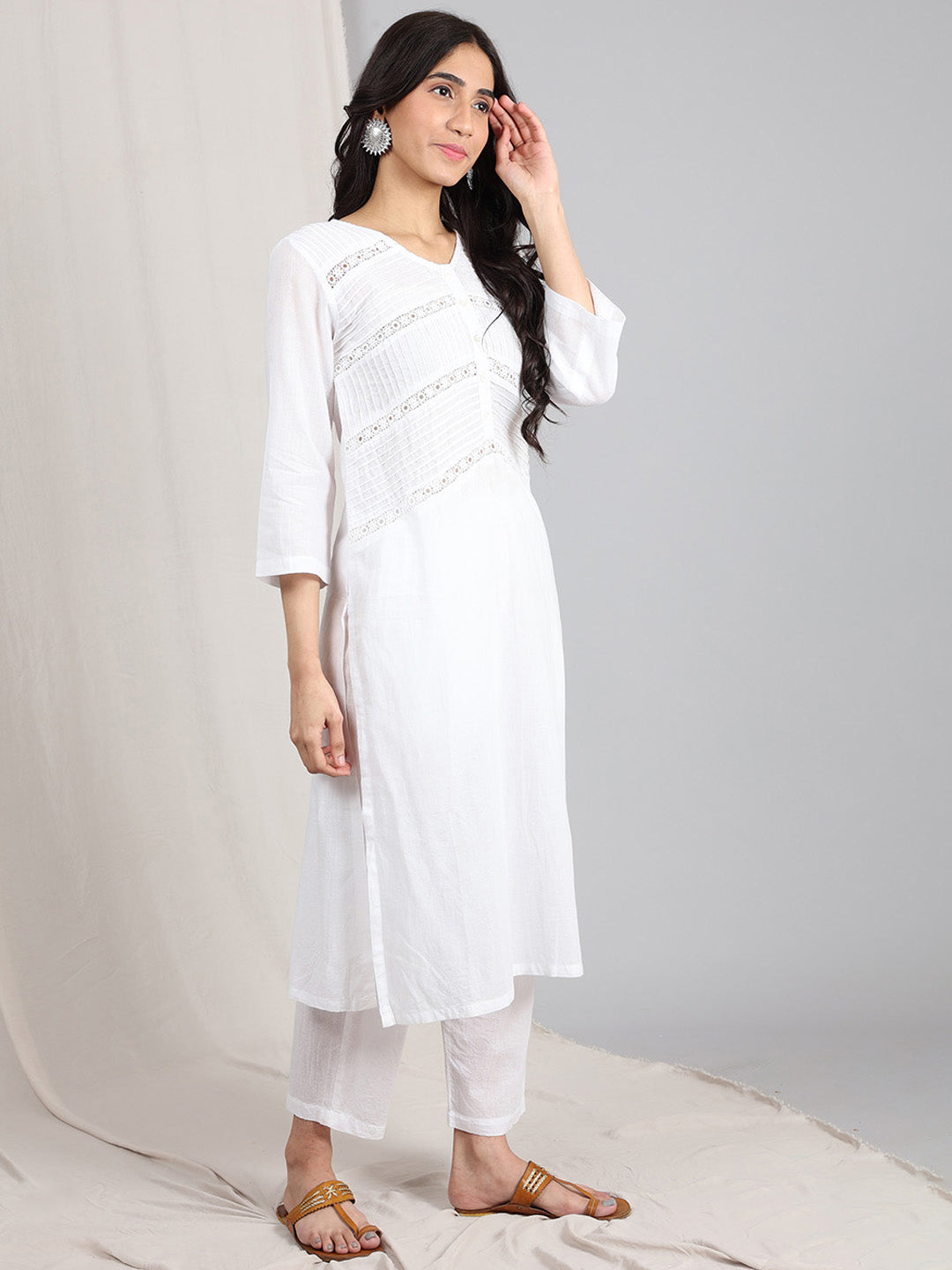 WHITE COTTON DOBBY PINTUCK KURTA WITH PANTS