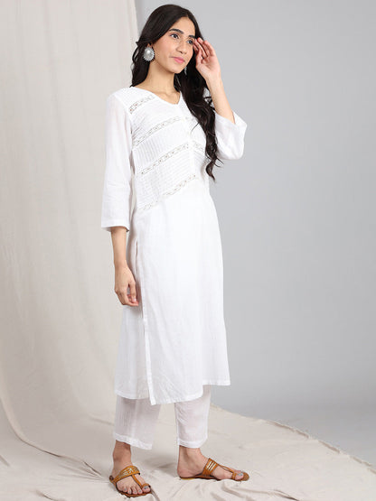 WHITE COTTON DOBBY PINTUCK KURTA