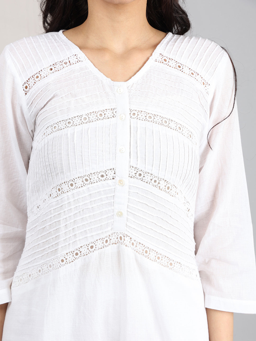 WHITE COTTON DOBBY PINTUCK KURTA WITH PANTS