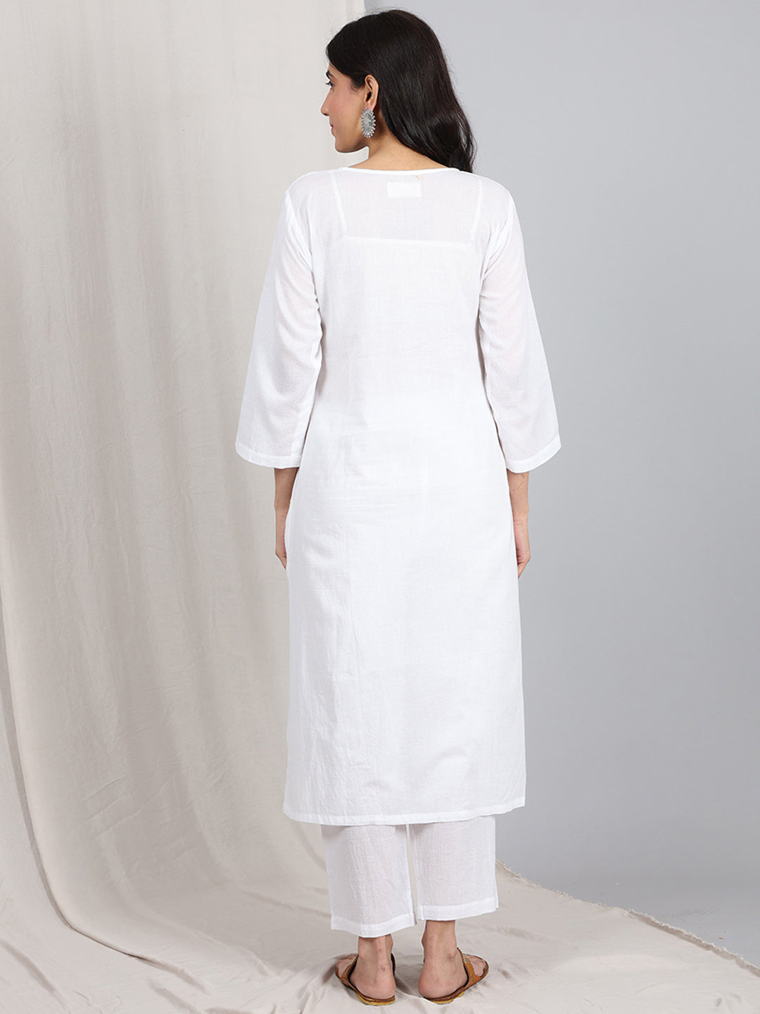 WHITE COTTON DOBBY PINTUCK KURTA WITH PANTS