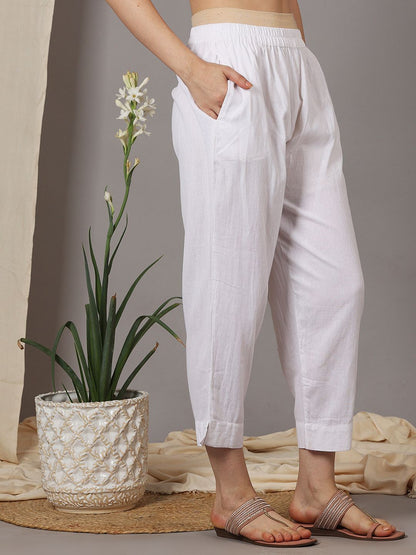 WHITE EMBROIDERED COTTON LINEN KURTA WITH PANTS