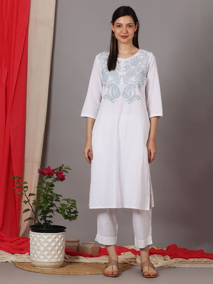WHITE EMBROIDERED COTTON LINEN KURTA WITH PANTS