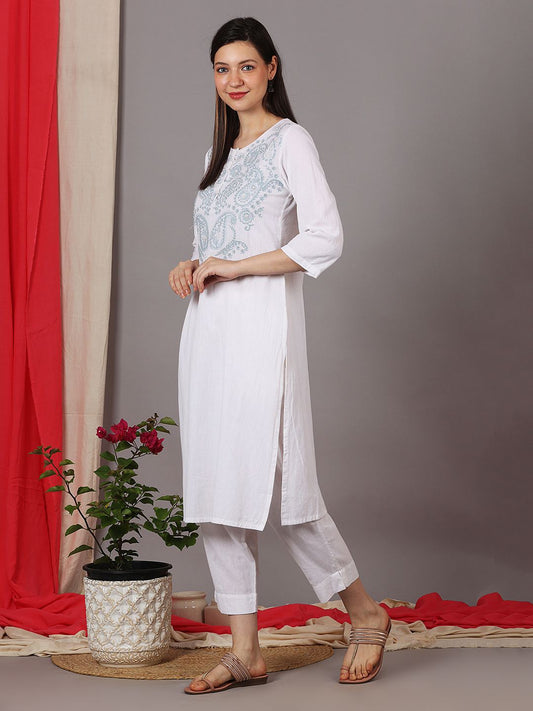 WHITE EMBROIDERED COTTON LINEN KURTA WITH PANTS