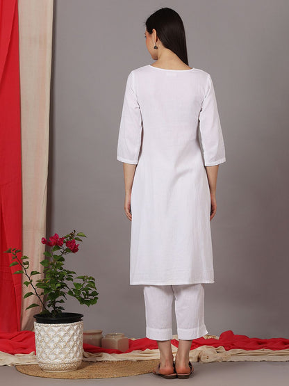 WHITE EMBROIDERED COTTON LINEN KURTA WITH PANTS