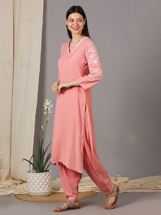 PEACH EMBROIDERED VISCOSE LINEN KURTA