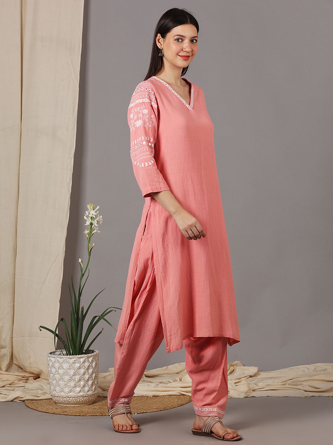 PEACH EMBROIDERED VISCOSE LINEN KURTA WITH SALWAR