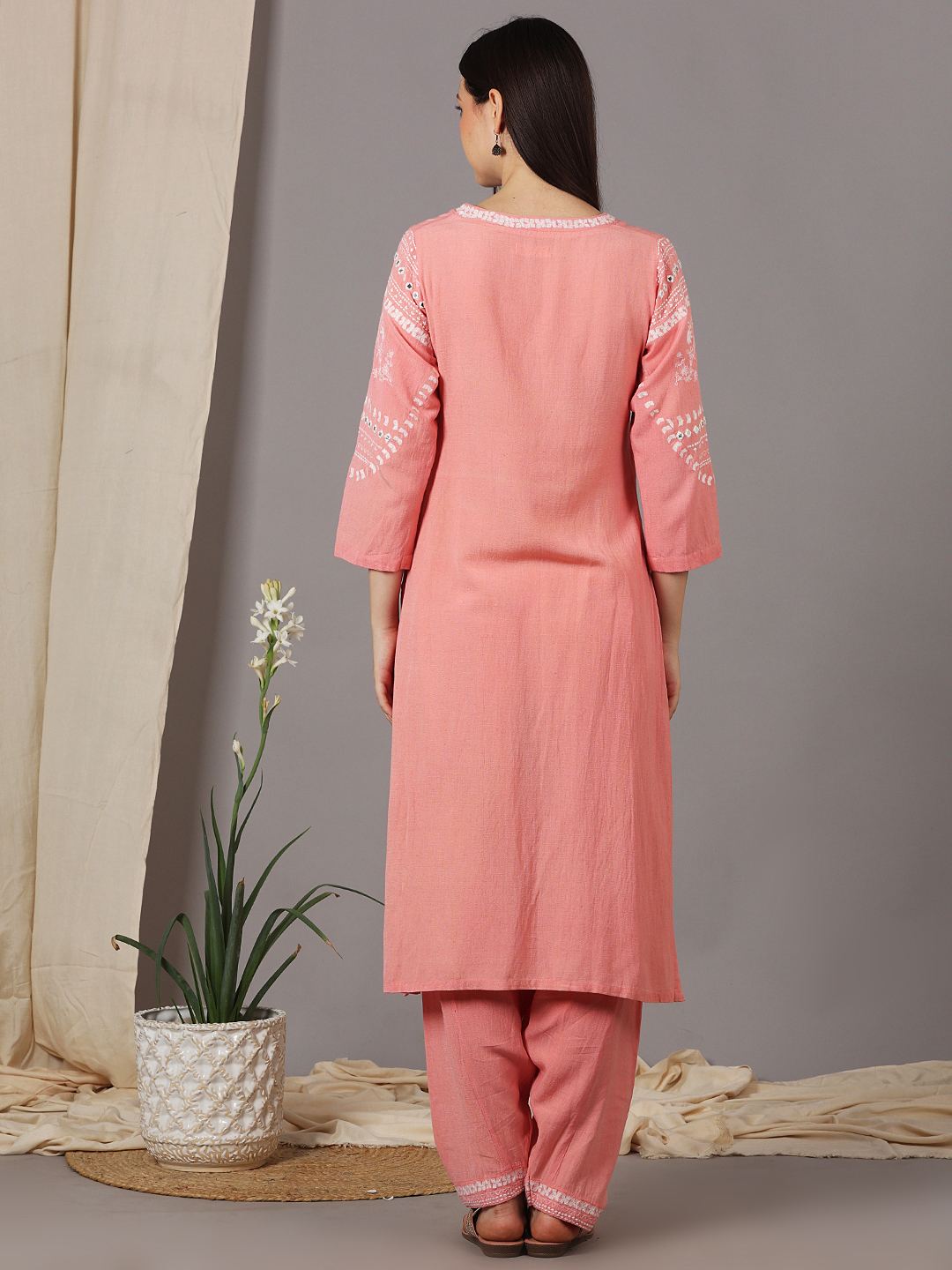 PEACH EMBROIDERED VISCOSE LINEN KURTA WITH SALWAR