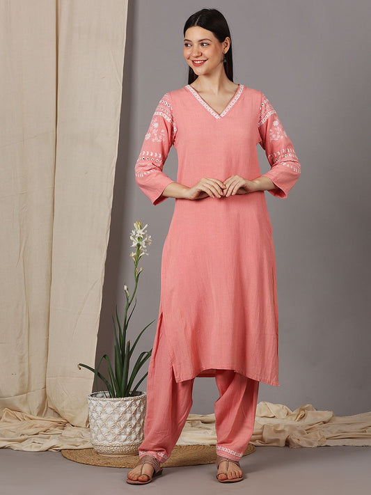 PEACH EMBROIDERED VISCOSE LINEN KURTA WITH SALWAR