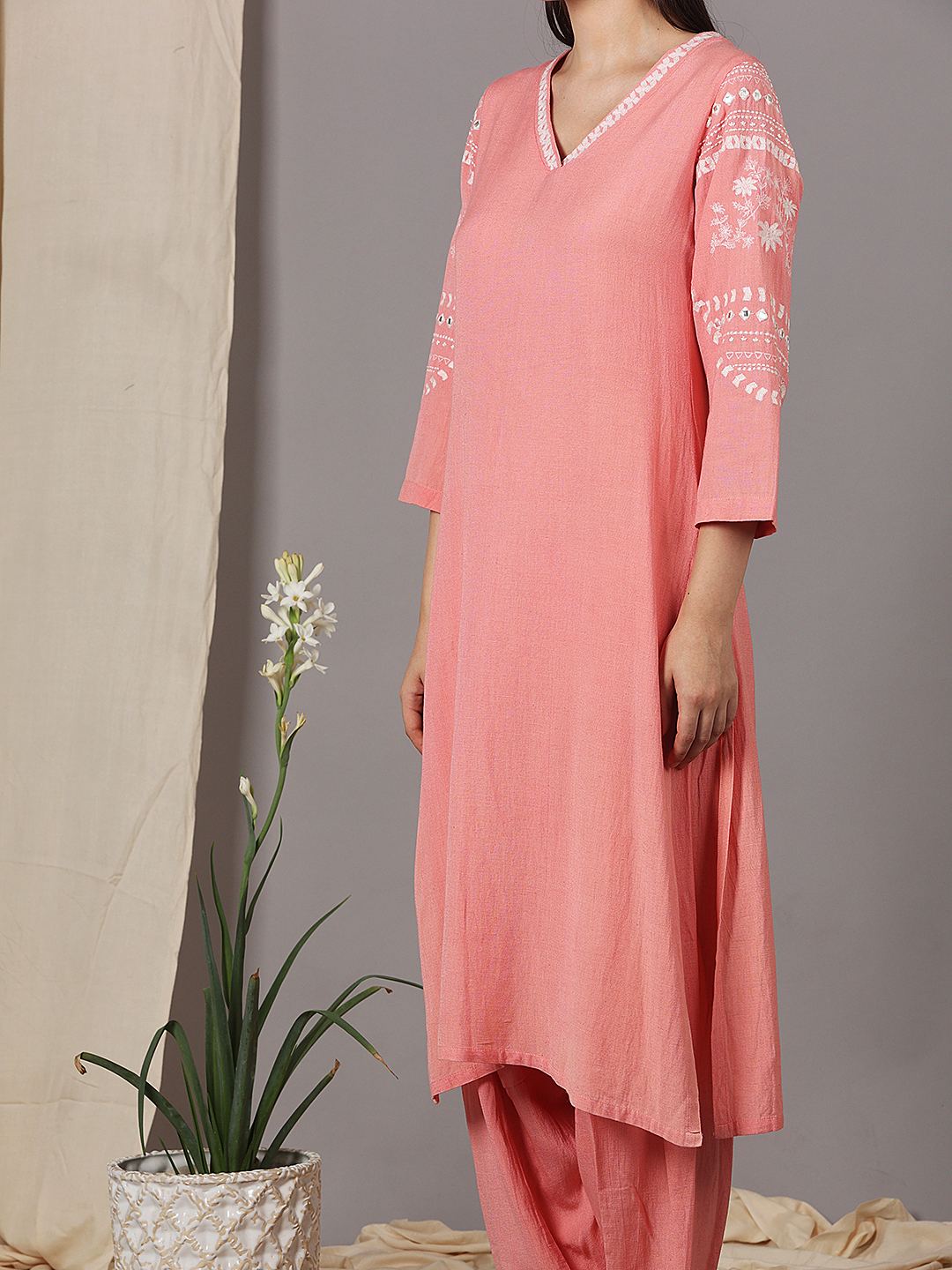 PEACH EMBROIDERED VISCOSE LINEN KURTA WITH SALWAR