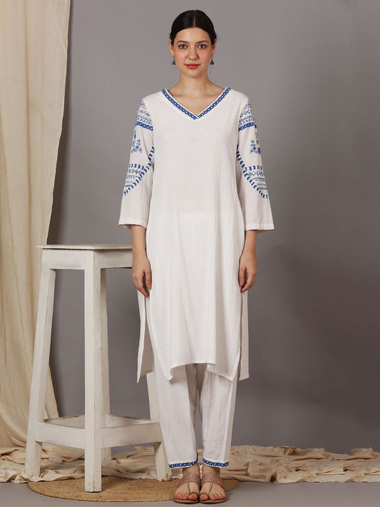 WHITE EMBROIDERED VISCOSE LINEN KURTA