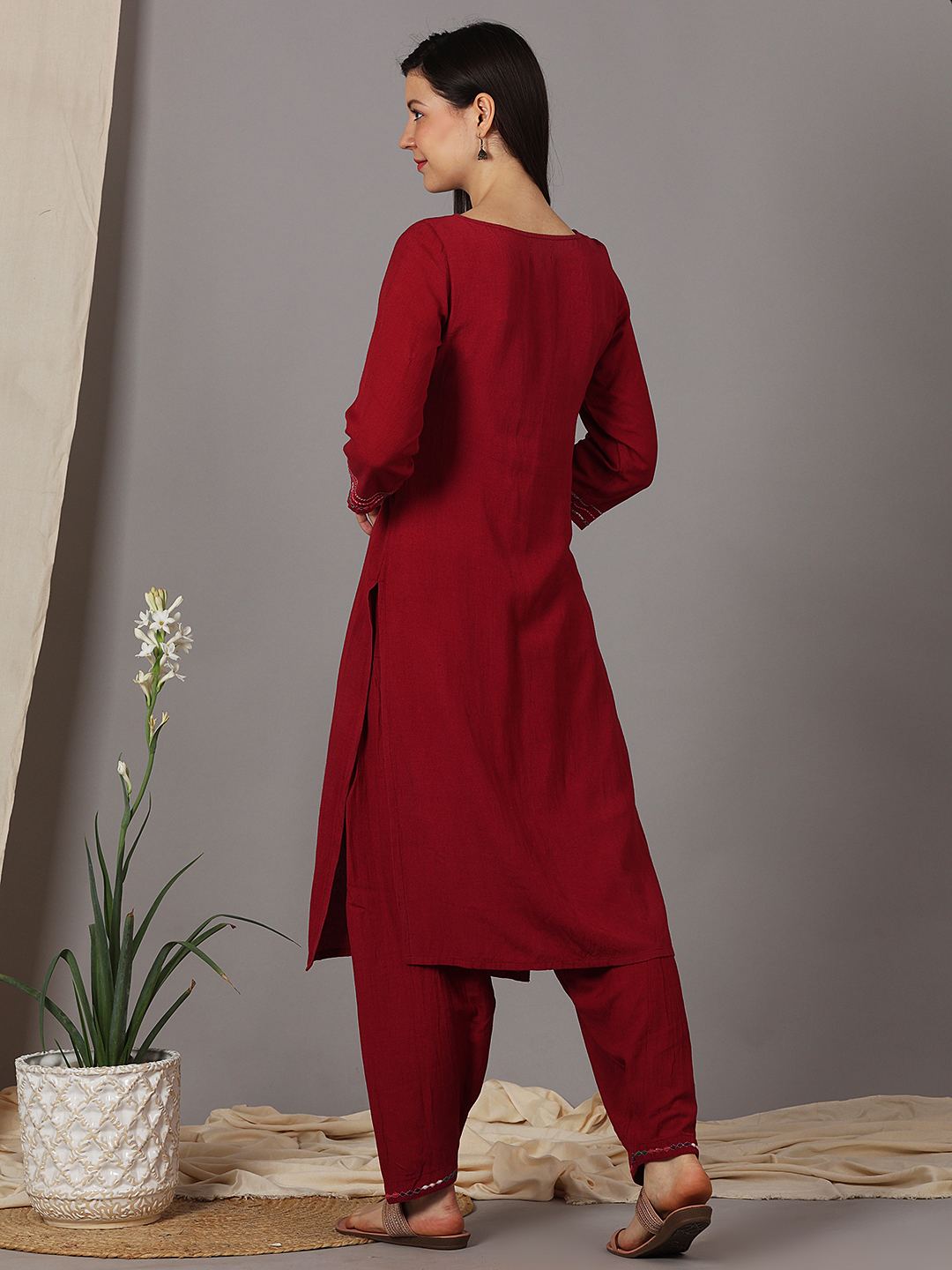 MAROON EMBROIDERED VISCOSE LINEN KURTA WITH SALWAR